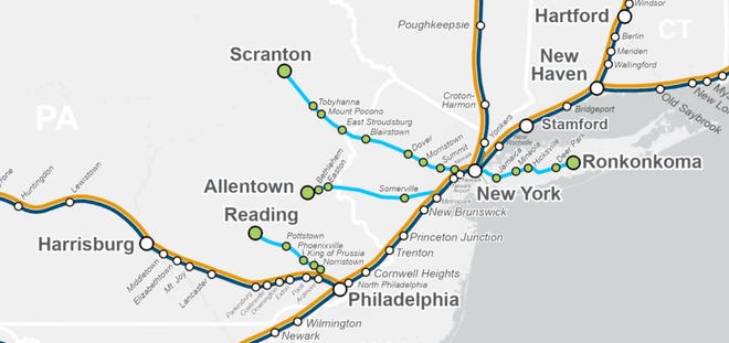 This map from Amtrak shows the stops on a potential Scranton to New York City route.